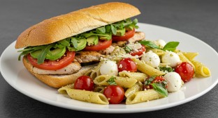 Balsamic Chicken Sandwich with Penne Mozzarella Sun-Dried Tomato Pasta Salad