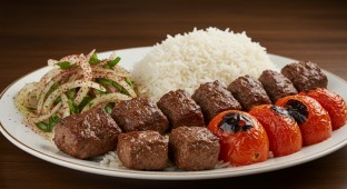 Beef Kabob with Persian Style Veggies, White Rice and [NO Tzatziki Sauce]