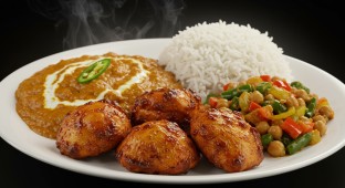 Chicken Tikka and Chana Masala with Rice and Vegetables