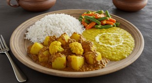Aloo Gobi and Yellow Dal with Rice and Vegetables (Vegan)