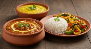 Chana Masala and Yellow Dal with Rice and Vegetables (Vegan)