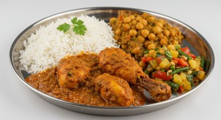 Andhra Chicken and Chana Masala with Rice and Vegetables