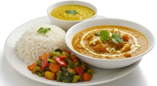 Veg Korma and Yellow Dal with Rice and Vegetables (Vegan)