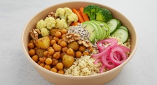 Chickpea Potato Hearty Bowl with Avocado and Walnuts and Smoky Chipotle Sauce