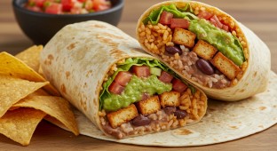 Vegan Tofu Adobo Burrito with Side of Tortilla Chips & Salsa