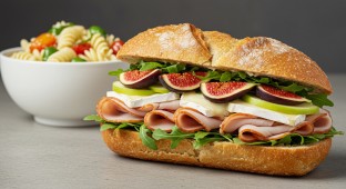 Turkey and Brie Sandwich on Sourdough with pasta salad