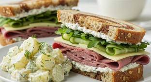 Roast Beef and Havarti Sandwich on Rye with potato salad