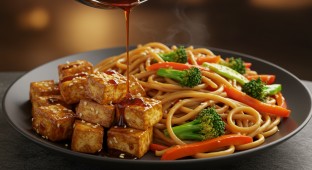 Spicy Tofu Teriyaki Yakisoba Style with Stir fried Veggies