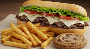 Steak Sandwich with Fries and a Cookie