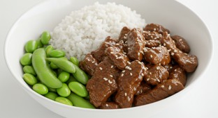Beef Teriyaki with white rice and edamame (NO GARLIC)