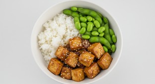 Vegan Tofu Teriyaki with white rice and edamame
