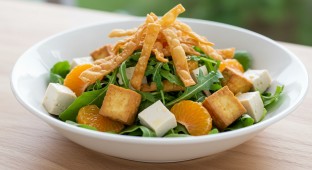 Dairy-Free Citrus Arugula Entree Salad with Tofu and Orange Vinaigrette (No Cheese)