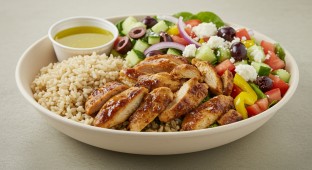 Chicken Shawarma Salad Bowl with Greek Salad, Brown Rice & Mediterranean Salad