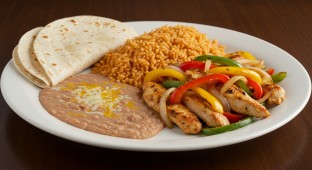 Chicken Fajitas with Spanish Rice, Refried Beans, and Corn Tortillas - Citrus Free