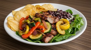 Veggie Salad with Jerk Chicken and Potato Chips