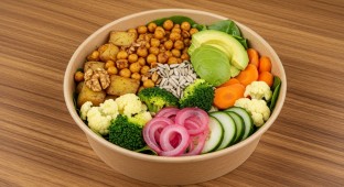 Chickpea Potato Mixed Bowl with Avocado and Walnuts and Smoky Chipotle Sauce