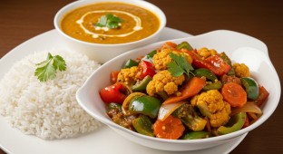 Vegetable Jalfrezi with Dal Makhani and Jasmine Rice