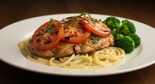 Caprese Chicken with White Wine Linguine and Broccoli