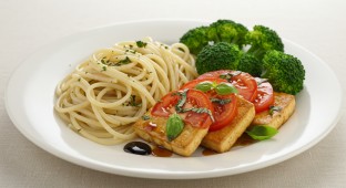Vegan Caprese Tofu with White Wine Linguine and Broccoli