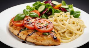 Caprese Chicken with White Wine Linguine and Garden Salad