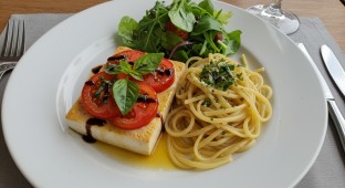 Vegan Caprese Tofu with White Wine Linguine and Garden Salad