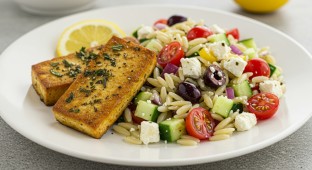 Herb and Lemon Roasted Tofu with Mediterranean Orzo Pasta Salad
