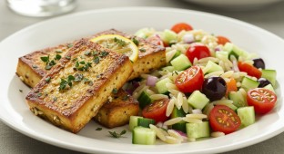Herb and Lemon Roasted Tofu with Vegan Mediterranean Orzo Pasta Salad