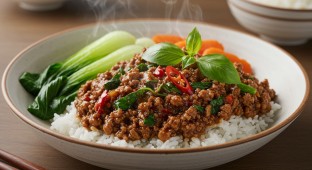 Spicy Basil Minced Pork with Rice