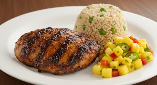 Jerk Chicken with Jamaican Rice and Peas and Mango Pineapple Salsa
