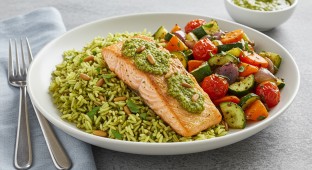 Salmon Pistachio Pesto with Yellow Rice and Roasted Veggies