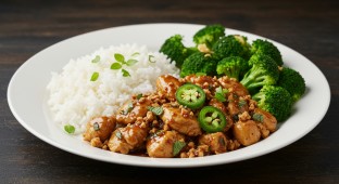 Minted Jalapeno Chicken with Coconut Rice and Garlic Broccoli