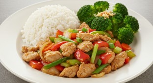 Black Pepper Chicken with Coconut Rice and Garlic Broccoli