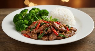 Basil and Dried Chili Beef with Coconut Rice and Garlic Broccoli