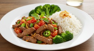 Beef Kebat with Coconut Rice and Garlic Broccoli