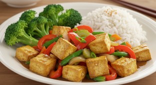 Black Pepper Tofu with Coconut Rice and Garlic Broccoli