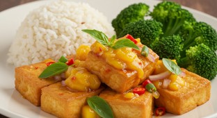 Mango Tofu with Coconut Rice and Garlic Broccoli