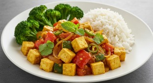 Tofu Kebat with Coconut Rice and Garlic Broccoli