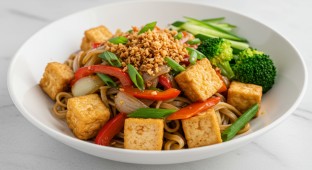 Black Pepper Tofu with Garlic Noodles and Garlic Broccoli