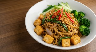 Mango Tofu with Garlic Noodles and Garlic Broccoli