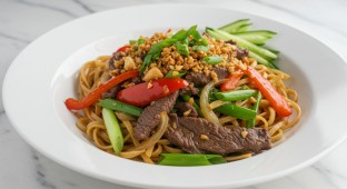 Black Pepper Beef with Garlic Noodles and Garlic Broccoli