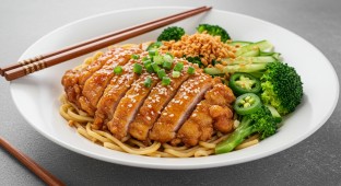 Sesame Chicken with Garlic Noodles and Garlic Broccoli