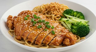 Sesame Chicken with Garlic Noodles and Garlic Broccoli [No Jalapenos]