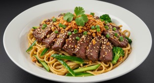 Sesame Beef with Garlic Noodles and Garlic Broccoli