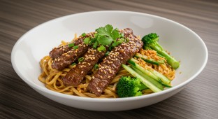 Sesame Beef with Garlic Noodles and Garlic Broccoli [NO JALPENOS]