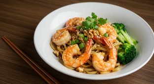 Honey Walnut Shrimp with Garlic Noodles and Garlic Broccoli