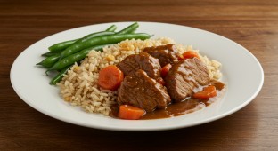 Braised Pork Bourguignon with Garlic Rice Pilaf and Green Beans