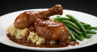 Coq au Vin with Garlic Rice Pilaf and Green Beans