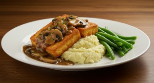 Fried Tofu Mushroom au Jus with Vegan Mashed Potatoes and Green Beans