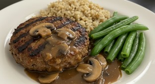 Salisbury Impossible Steak Patty with Garlic Rice Pilaf and Green Beans