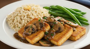 Fried Tofu Mushroom au Jus with Garlic Rice Pilaf and Green Beans